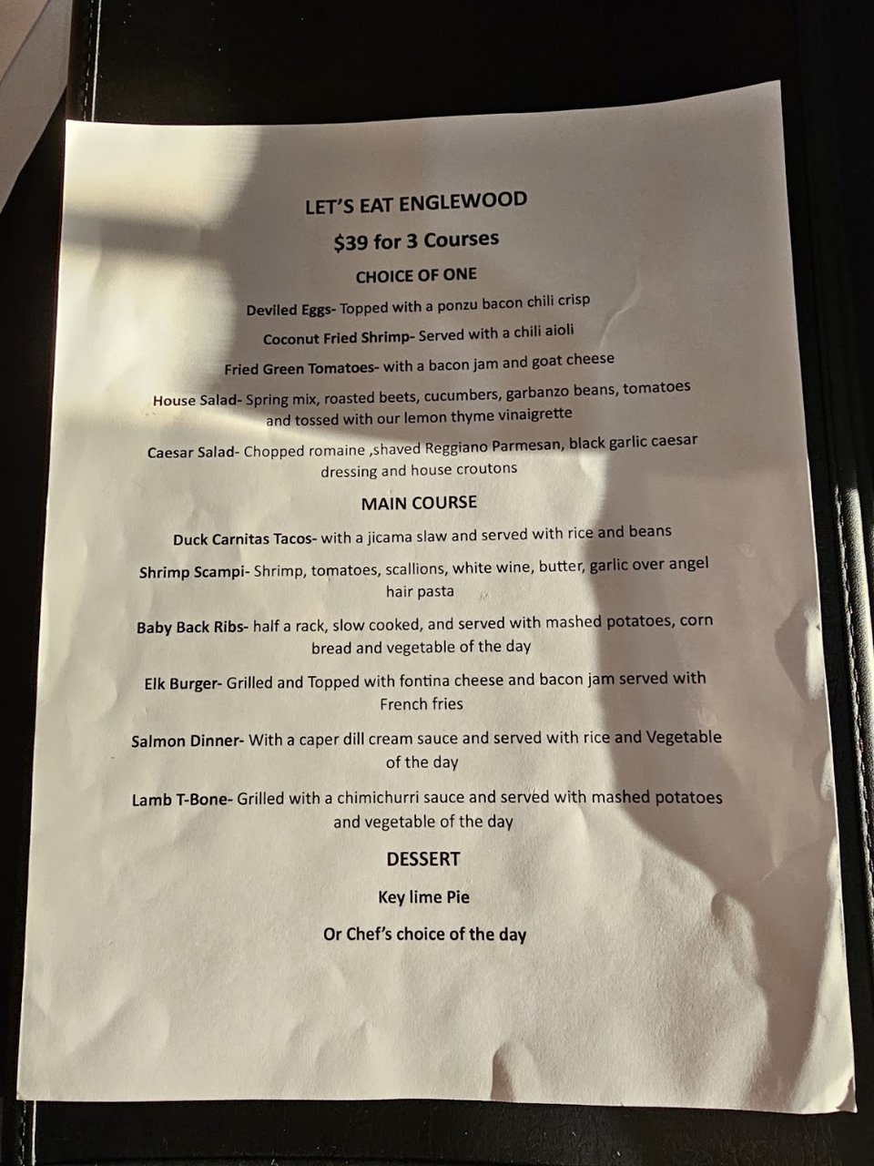 Bar menu page with simple headings.