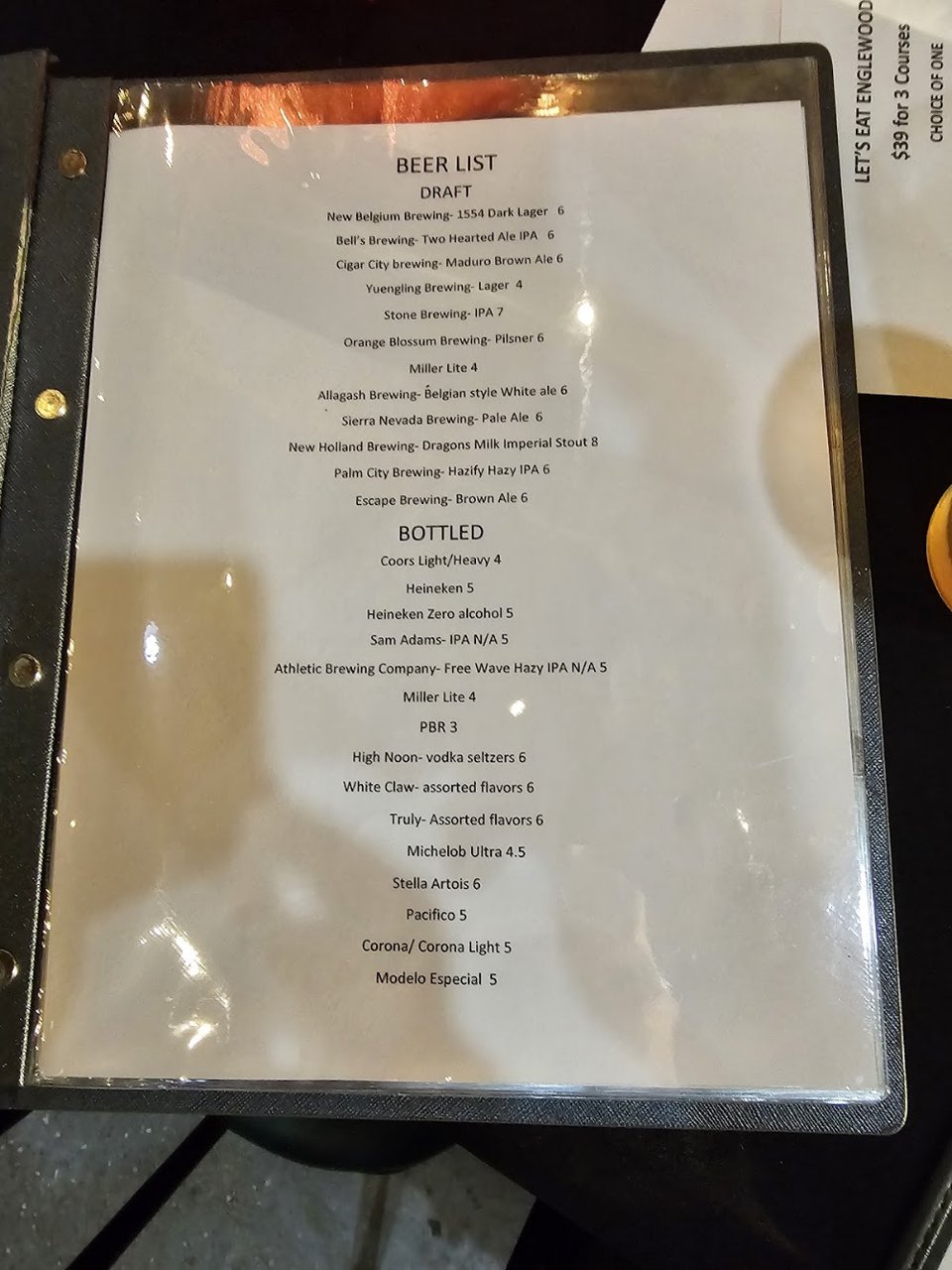 Menu layout for dinner and drinks.